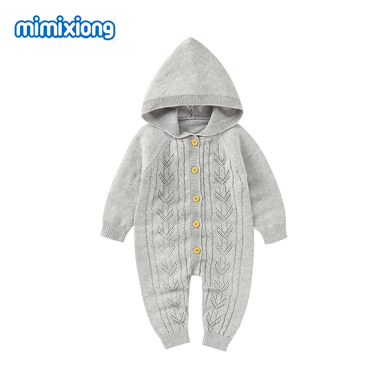 ins秋冬新款纯色婴幼儿连帽针织连体哈衣爬服