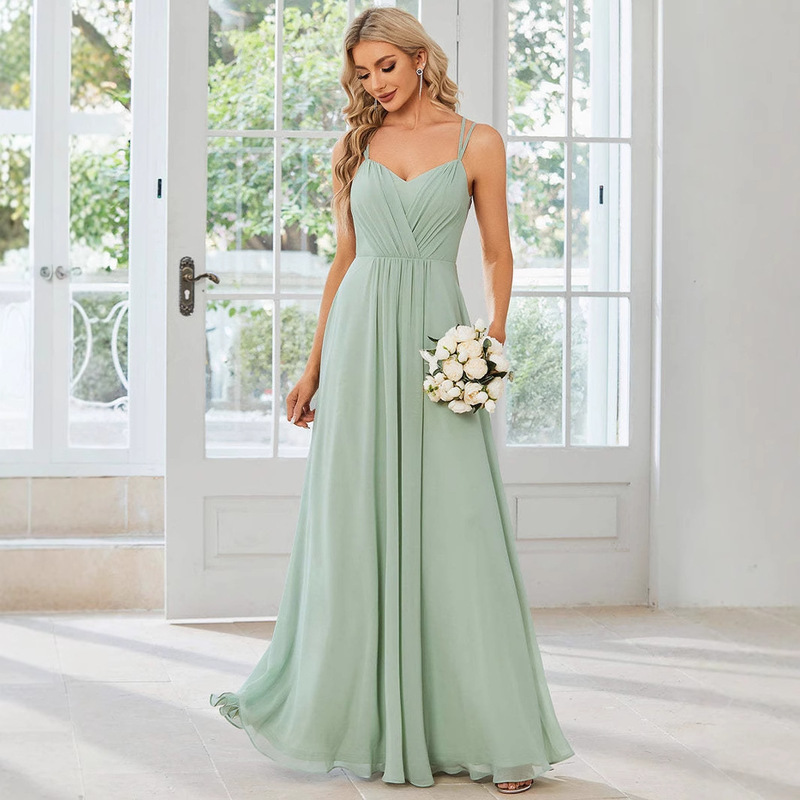 Elegant Spaghetti Strap Evening Dress 2026 New Backless Long Dress Chiffon Pleated Mint Green Dress Bridesmaid Dress
