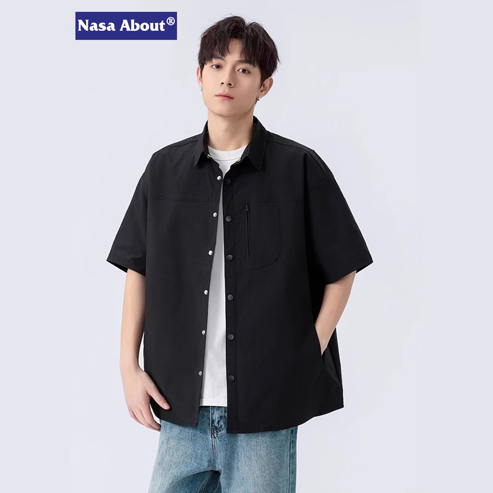 NASA American Short Sleeve Shirt Men's Summer New Thin Heavy Shirt Jacket Loose Casual Half Sleeve Top