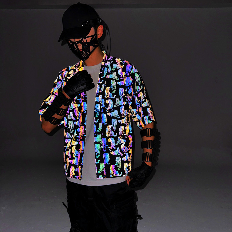 Cross-border Colorful Reflective Knitted Kimono Cardigan European and American Fashion Men's Reflective Robe Casual Loose Jacket Coat