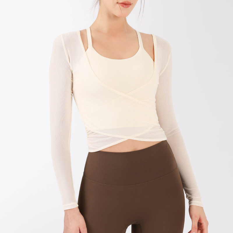 Netsuit para mujeres con cojín de pecho temperamento primavera y verano blusa de adelgazamiento pilates gimnasio mangas largas