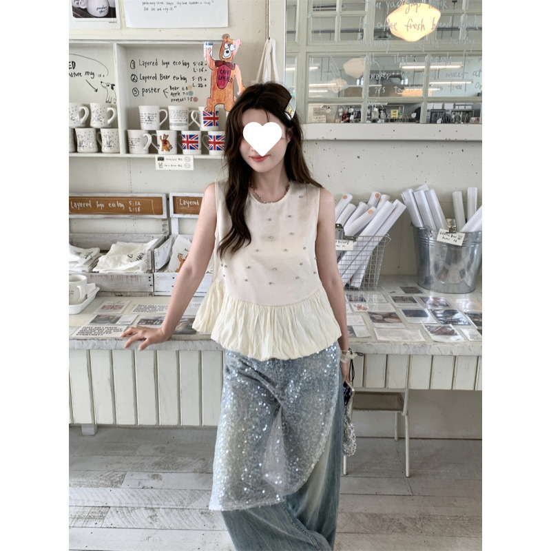 高级法式时尚甜美钉钻气质背心女夏新款宽松短款设计感裙子拼接|undefined