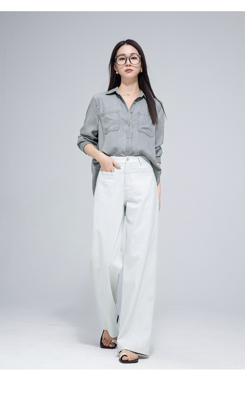 Áo sơ mi denim nữ tay dài phong cách đơn giản, chất liệu lyocell, có túi công vụ — Màu hồng chi tiết 27