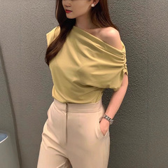 韓国 chic2025 夏フレンチスタイル不規則な斜め肩デザインルーズ無地プルオーバー半袖 Tシャツ女性用