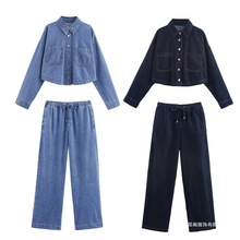 欧美风翻领单排扣牛仔短衬衫1934231慢跑宽腿牛仔裤1934232套装女