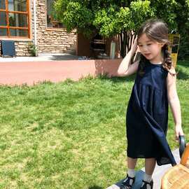 2025新款夏森系小江南风藏青色女童气质无袖长裙连衣裙亲子