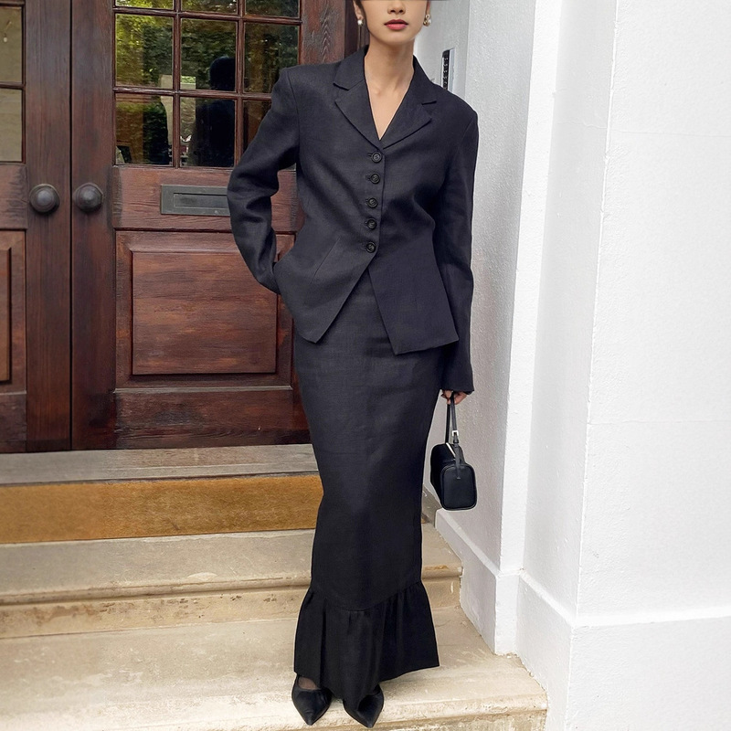 Cross-Border European and American 2025 Autumn and Winter New Pure Cotton Slim Suit Jacket Ruffled Skirt Elegant Commuter Suit