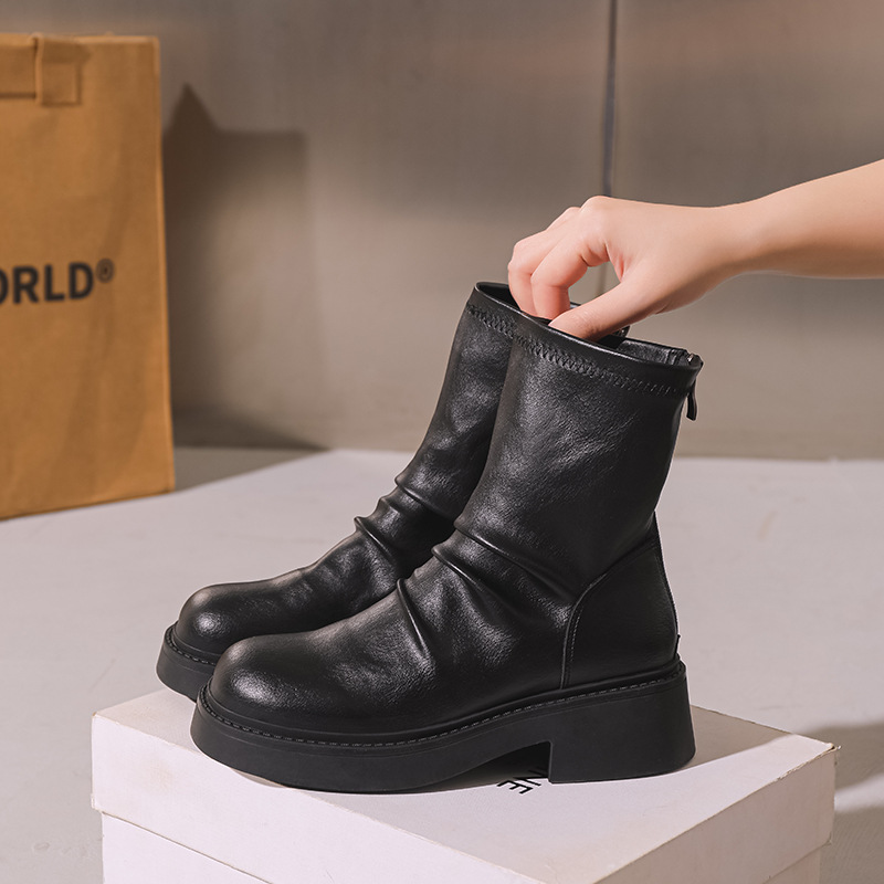 3889-1 Martin Boots | Nude Boots with British-Style Pleats, Chunky Heels, and Fleece Lining, Women's Elastic Slouch Boots, New Winter Style, Large Size.