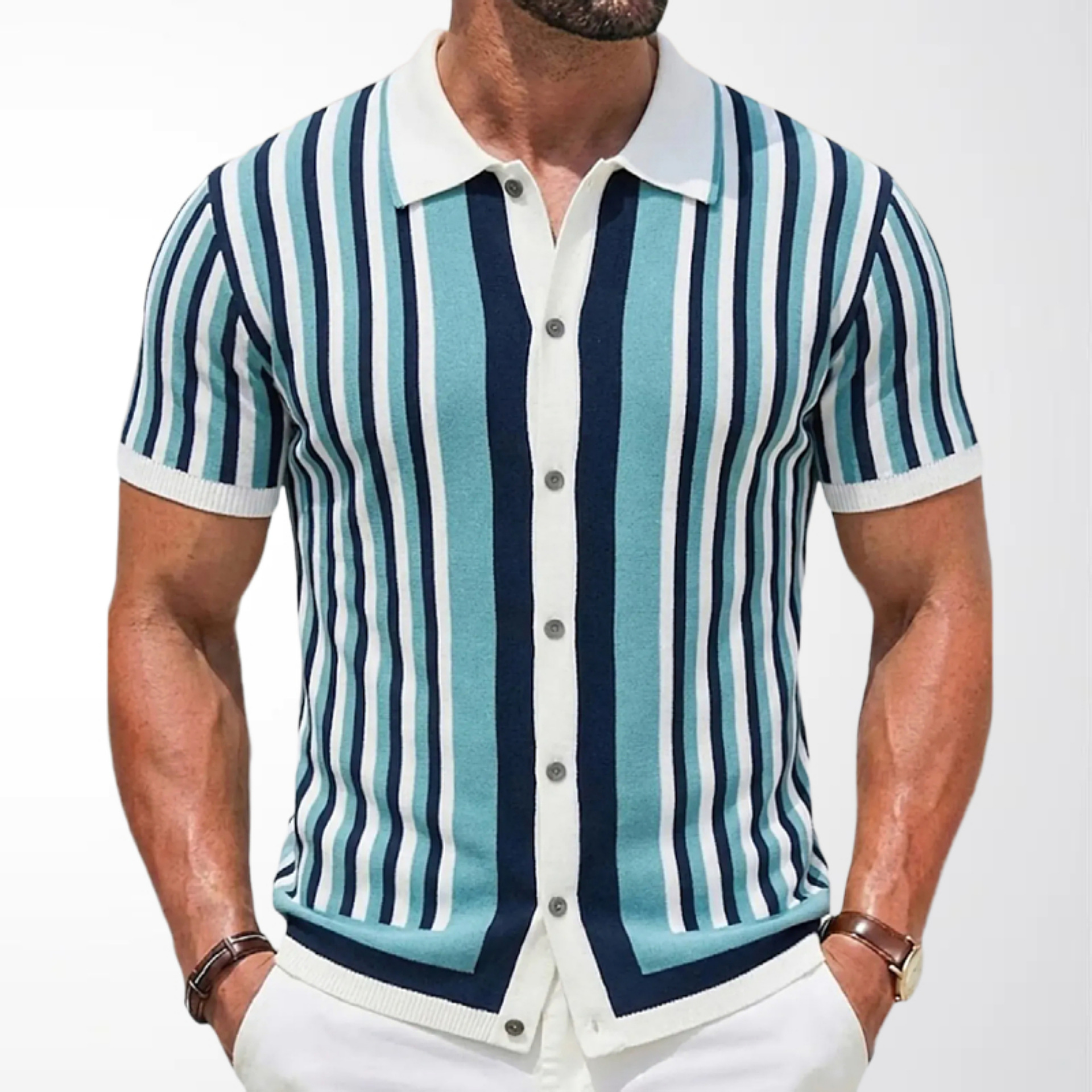 Foreign Trade Cross-Border Men's Clothing European and American Men's Short-Sleeved Knitted Cardigan Lapel Casual Striped Top Polo Shirt Sy0104