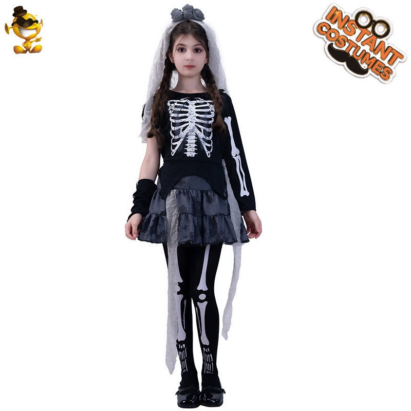 Halloween niña fantasma hueso cráneo vestido del Partido de la mascarada Cosplay traje rendimiento etapa