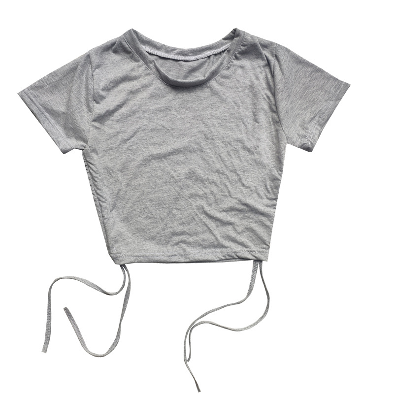 B1226 Short -sleeved exposed umbilical on both sides of the tape -rope T -shirt light gray