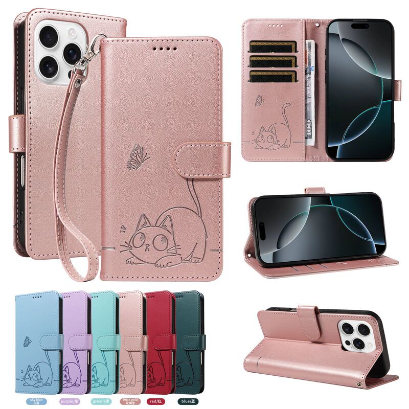 Foreign trade suitable embossed kitten fortune flip leather case for iPhone 17 Pro Max, Apple 16E with card slot and stand Foreign trade suitable embossed kitten fortune flip leather case for iPhone 17 Pro Max, Apple 16E with card slot and stand
