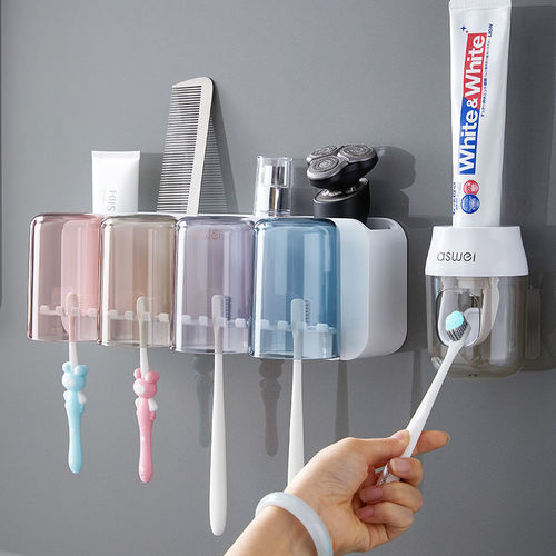 Bathroom toothbrush rack toothbrush storage rack punch-free wall-mounted toothbrush cup storage rack toothpaste squeezer toothbrush holder