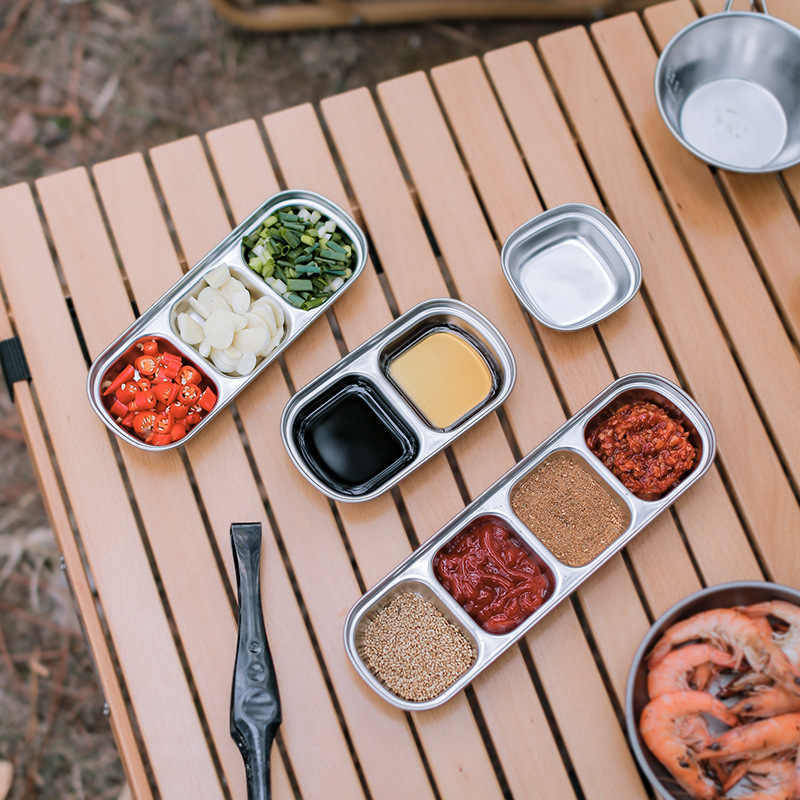 Two-grid, three-grid saucer, vinegar dish, camping tableware, outdoor 304 stainless steel seasoning plate, divided saucer, dipping bowl