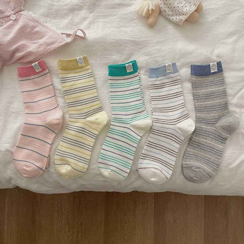 Cartoon Cat Striped Socks for Women, Mid-Calf Socks, Spring and Summer Style, Cute Cotton Socks, Korean and Japanese Style, Trendy