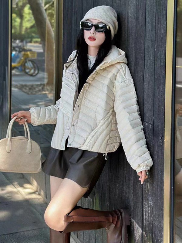 轻薄款连帽羽绒服女2025冬季新款时尚设计感绗线休闲白鸭绒面包服|undefined
