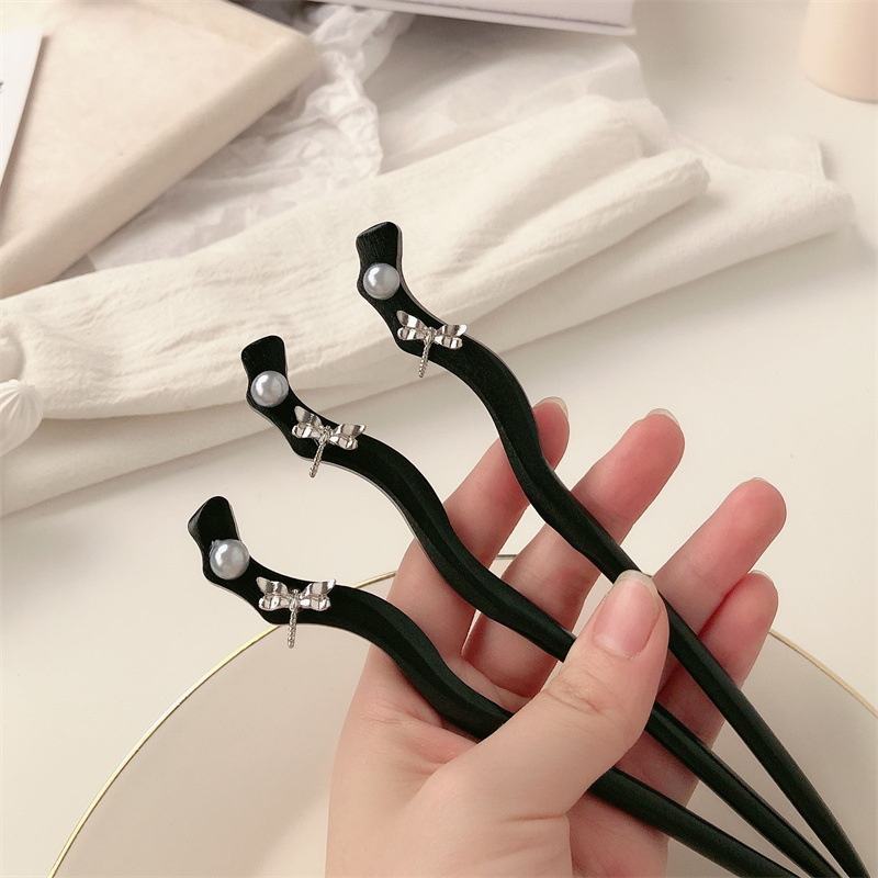 Perla de libélula de alta calidad simple pinza de cabello de mujer antiguo madera de madera negra bola de cabello y pinza de cabello de corte de cabello