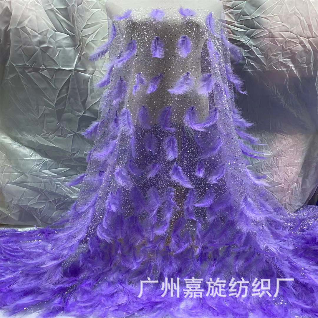 Plumas de avestruz de alta calidad con bordado de cuentas, tela de encaje transparente, vestido de novia brillante, accesorios de escenario