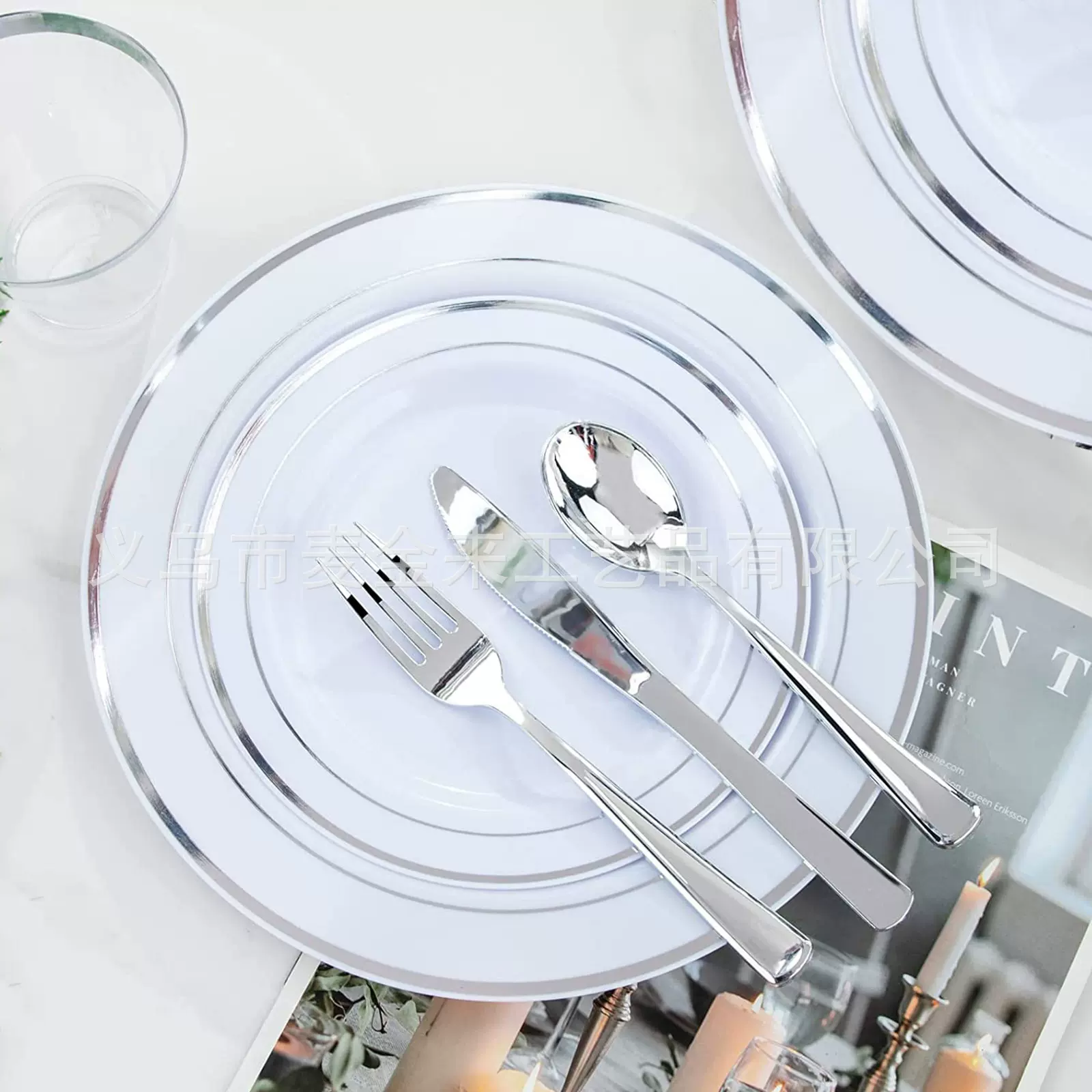 跨境UV电镀一次性银色刀叉勺银边塑料盘餐具套装生日派对装饰用品