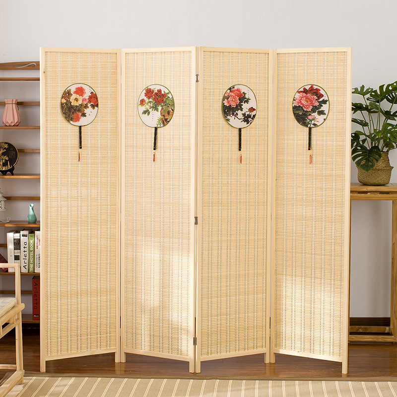 Chinese style screen bamboo woven partition folding screen simple modern living room entrance office solid wood folding mobile screen