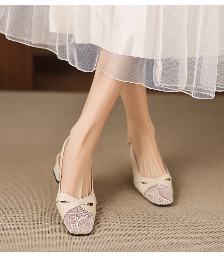 Sandal cao gót nữ hở mũi da cừu lưới phối màu quai ngang khóa — màu đen, màu trắng ngà chi tiết 11