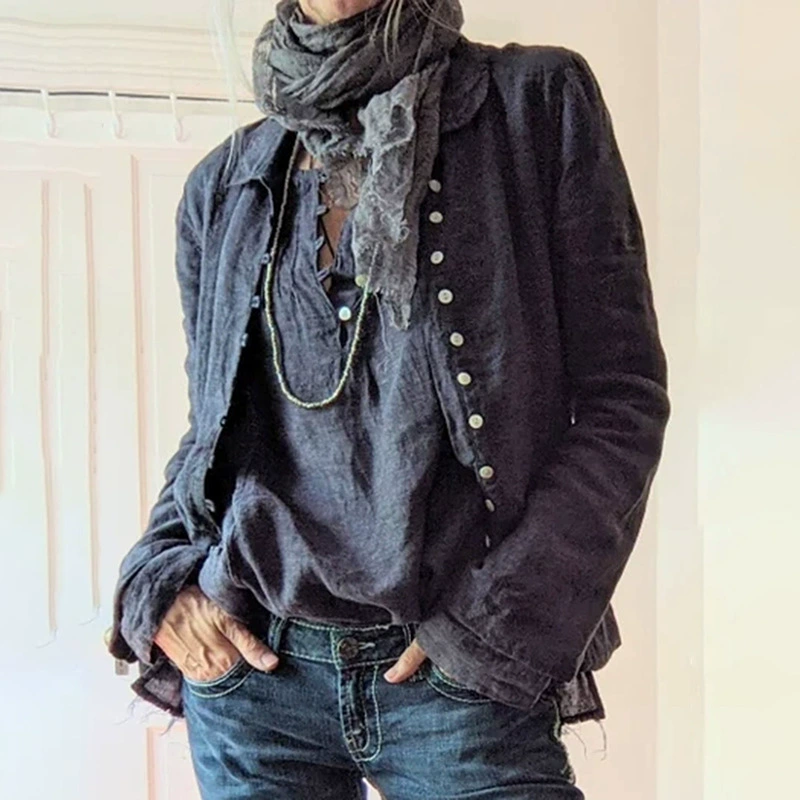 2025 европейская и американская женская одежда Amazon Independent Station AliExpress кардиган с отворотом на пуговицах сплошной цвет рубашки с длинными рукавами