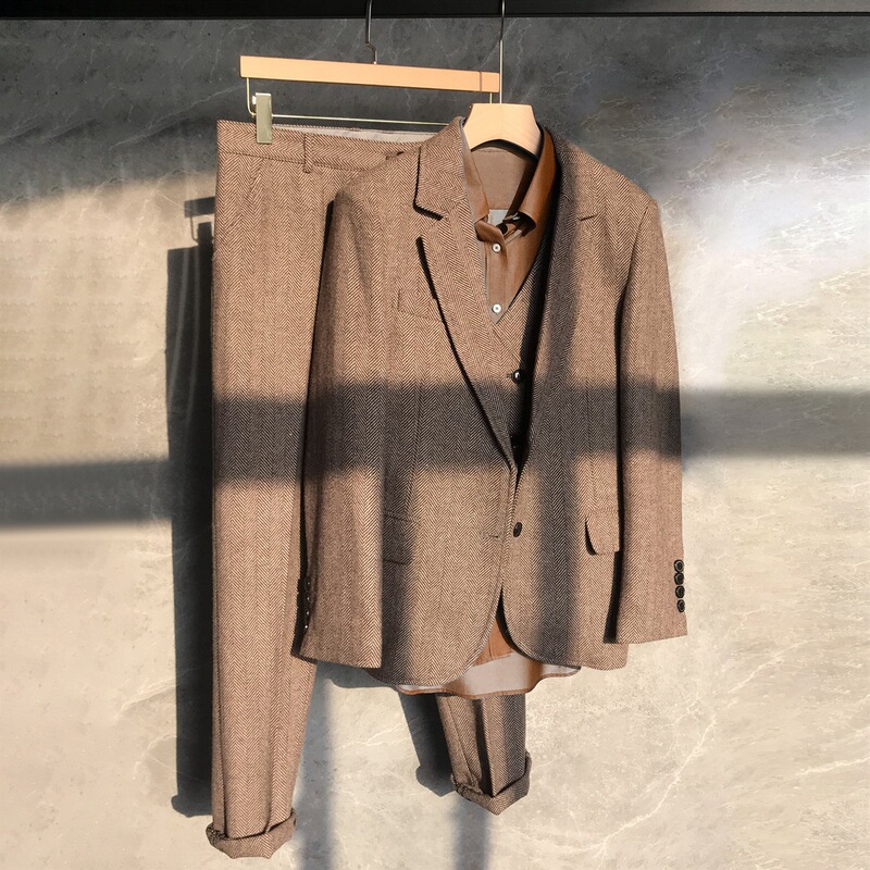 British Retro Wool Herringbone Men's Large Size Suit European and American Tweed Fat Suit Jacket