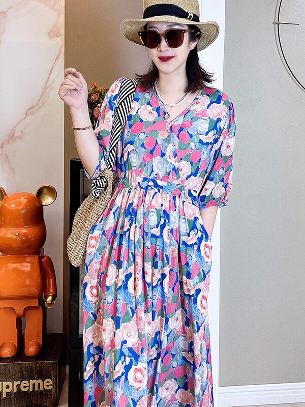 Cotton Silk Dress, Summer Floral Print, Large Size, Artificial Cotton, Loose Outer Wear, Mid-Sleeve, Women's Mid-Length Loose Dress
