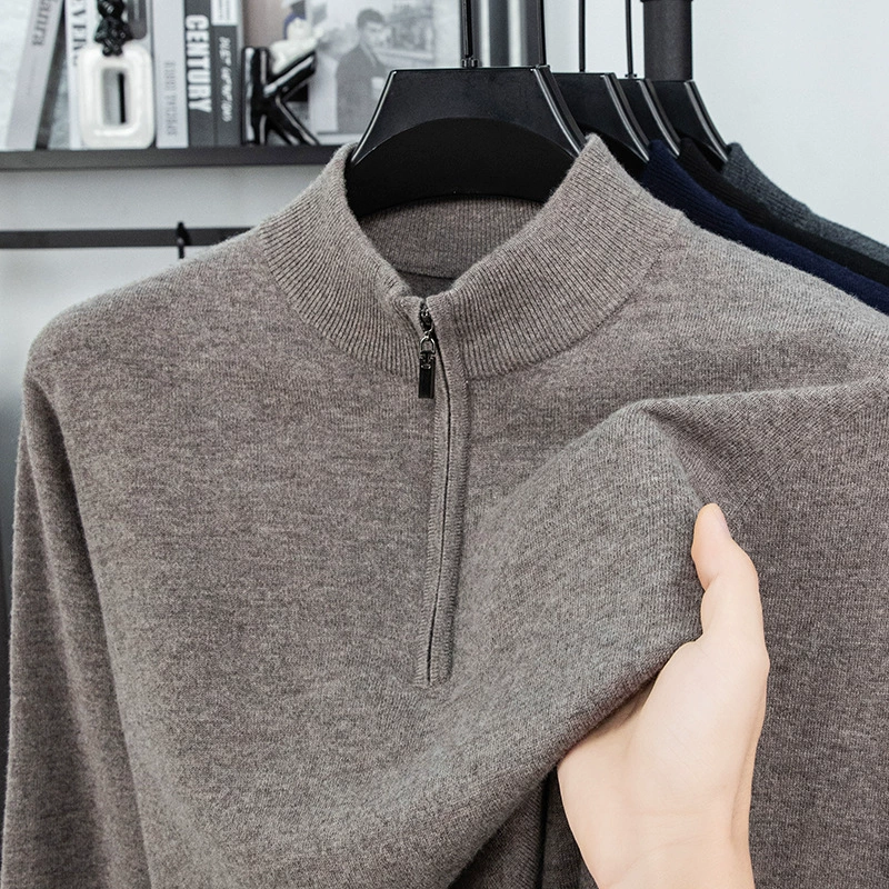 Осенний свитер из 100% чистой шерсти на молнии с половиной воротником, трикотаж, мужской осенне-зимний новый мужской трикотаж с утолщенным низом
