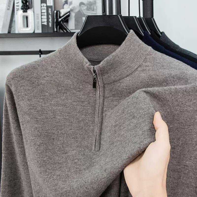 秋季100%纯羊毛衫拉链半高领毛衣男秋冬装新品男士加厚打底针织衫