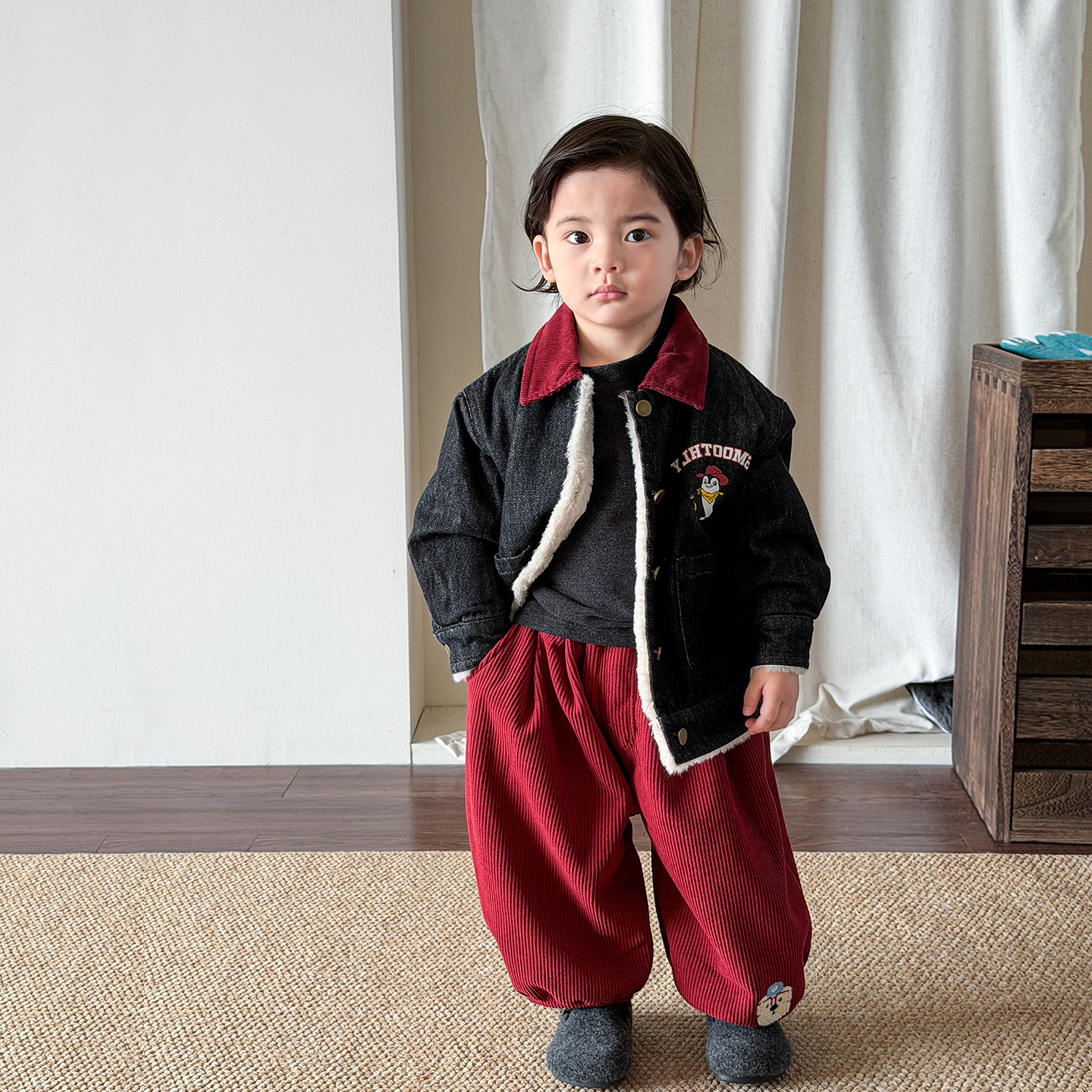 茵可童装男童外套冬装新款洋气加绒夹棉牛仔儿童上衣宝宝衣服