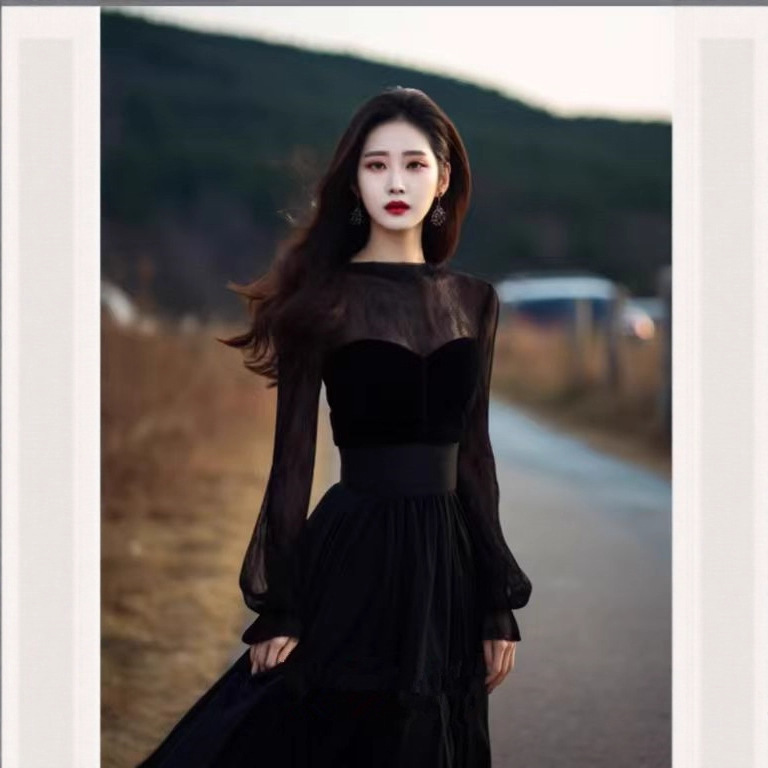Birthday Coming-Of-Age Ceremony Spring Outfit High-End Light Luxury Banquet Dress Waist-Cinching Black Velvet Dress for Women Autumn and Winter
