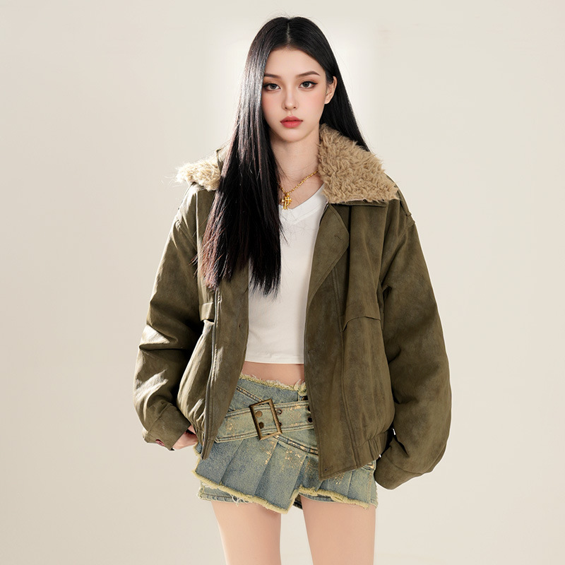 Unspet Thirteen Lines Jacket Women's Winter American Style Detachable Fur Collar Matte Suede Padded Jacket 40440
