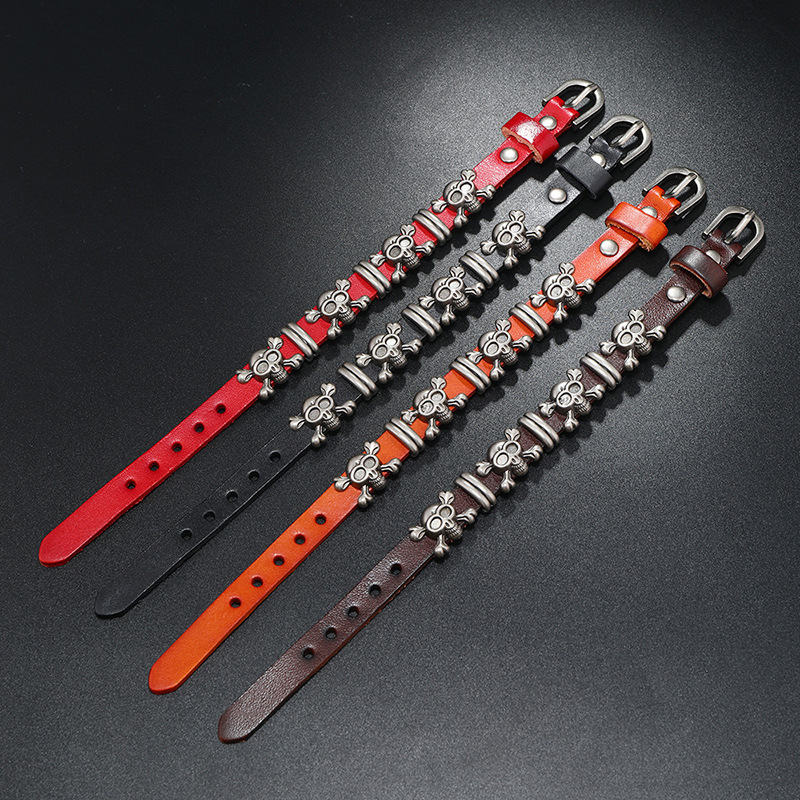 Skull Leather Bracelet Adjustable Retro Halloween Wristband_voghion.com