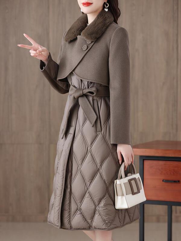 Haining Mink Fur Outwear Women's Mid-Length Winter New Woolen Outwear White Goose down Jacket