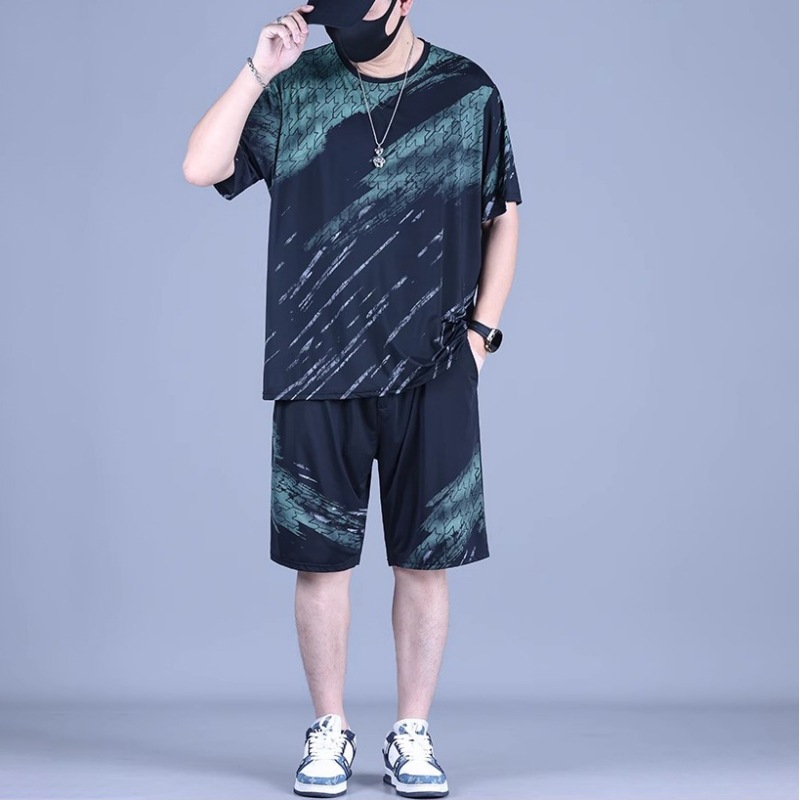 Fat Man Loose plus size Ice Silk Short-sleeved Shorts suit Men's 2025 Summer Fashionable Casual Sports Two-piece Fashionable Set