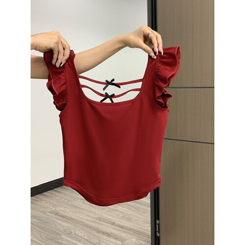 Sweet and Spicy Sister Feifei Sleeveless Collar Short Sleeve T-shirt for Women, Summer Youthful, Unconventional and Unique, Bowknot Backless Top