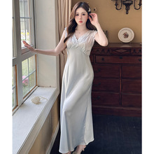 冰丝绸缎睡裙带胸垫长款性感深V领无袖长裙睡衣女真丝家居服夏款