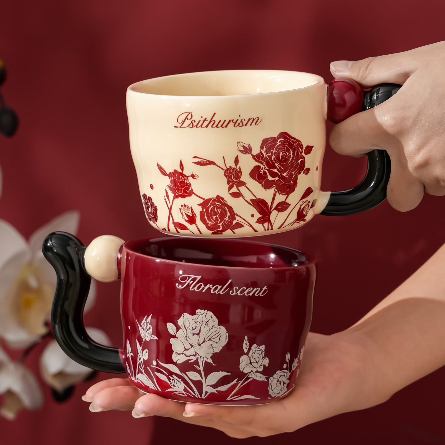 Personalidad creativa pareja taza de cerámica de alto valor de cara flor caja de regalo de taza de café de lujo ligera taza de agua potable transfronteriza