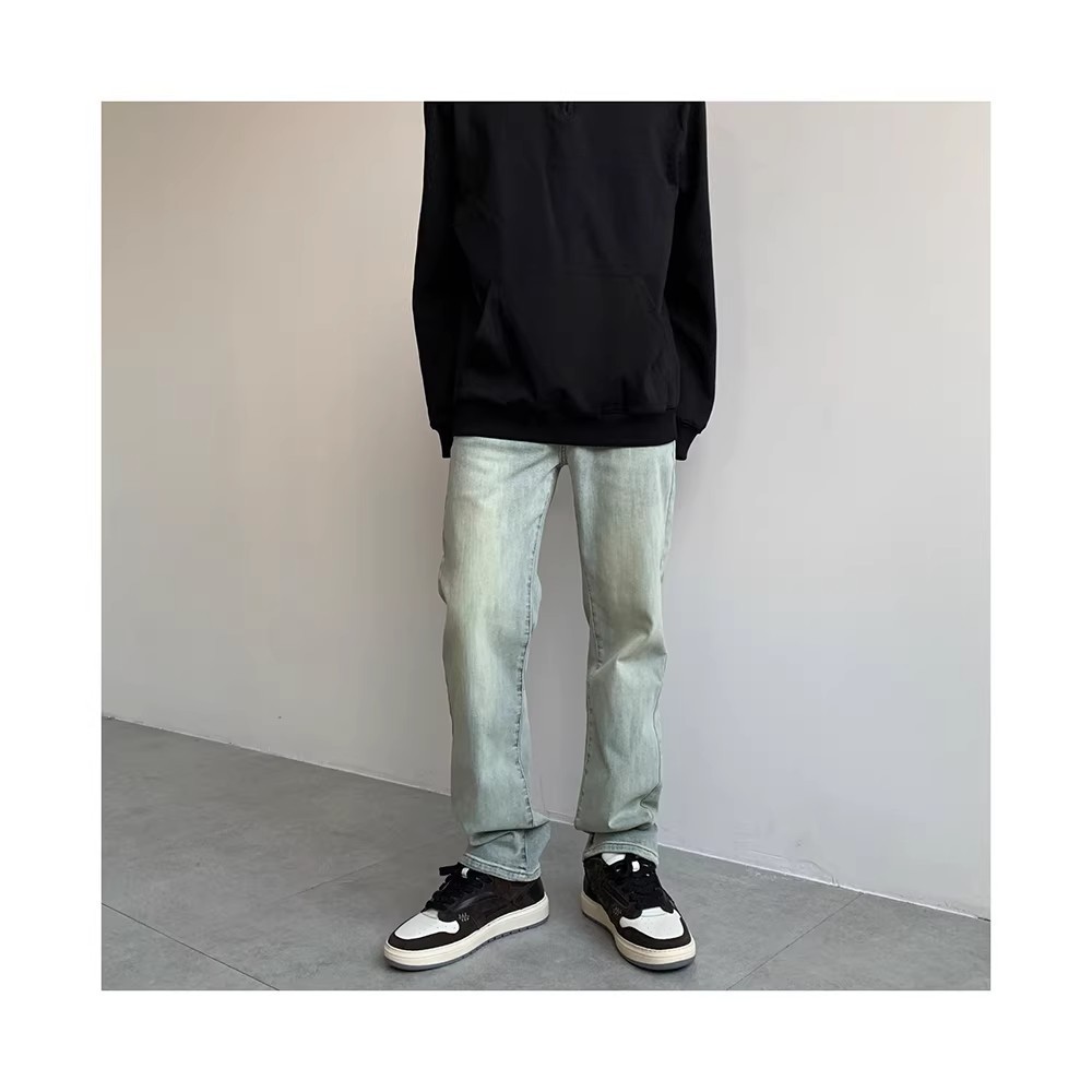 Men's High Elasticity Yellow Mud Dyed Straight Leg Jeans Loose Fitting Trendy Casual Retro Slimming Extra Long Pants_mkmklike.com