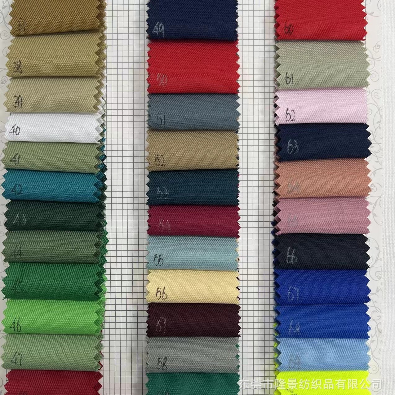 现货供应 制服呢全涤工装斜纹面料  化纤净色染色面料