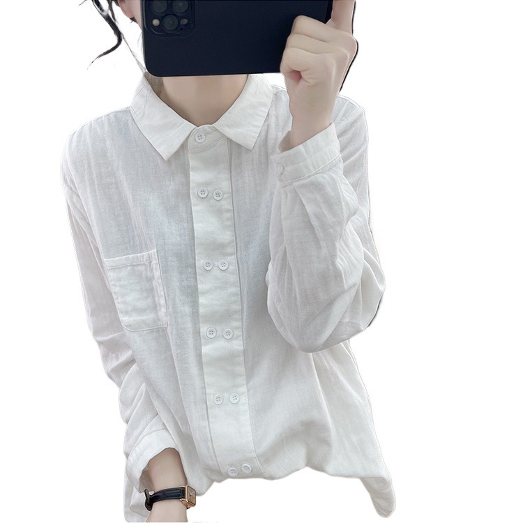现货双排扣棉麻长袖衬衫女春秋polo领内搭上衣宽松设计感打底衬衣|undefined