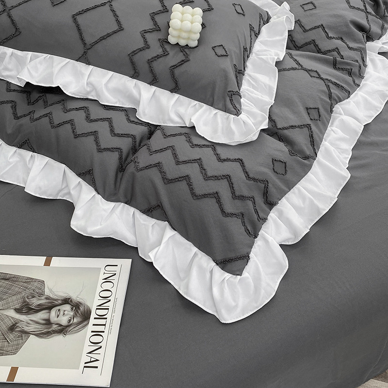 韩版夏季新款纯色水洗棉剪花四件套荷叶边被套床单宿舍三件套批发