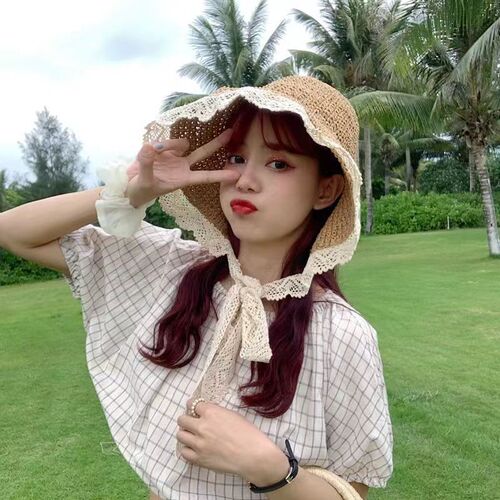 French lace floral edge Korean style Instagram Lolita sunshade sun hat for women summer petite fresh sweet cute ribbon hat