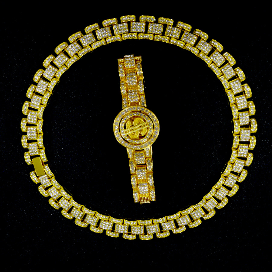 Men's Full Diamond 16MM Tank Chain Rotating Dollar Bracelet Necklace Set Hip Hop Fashion Jewelry_voghion.com