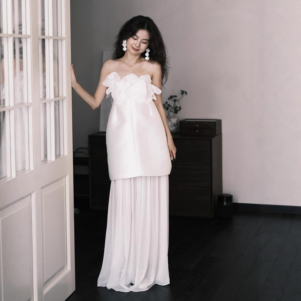 Morning Gown for Female Brides, High-End Niche French Style Light Wedding Dress for Going Out, White Tube Top, Engagement Registration Dress