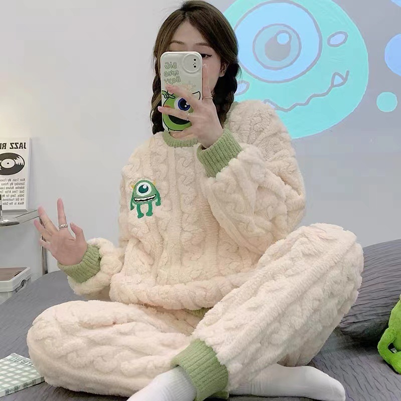 New coral fleece winter pajamas female student Big Eye Monster fleece-lined thick flannel suit spring and autumn home wear