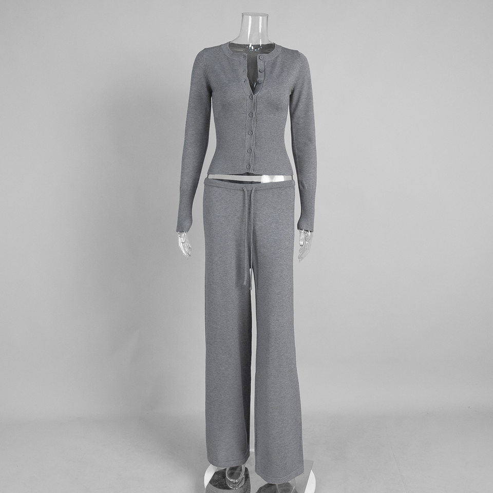 Bộ cardigan dệt kim nữ tay dài dáng ôm kèm quần dài cạp thấp — Màu xanh hải quân, màu sô cô la, màu xám đậm, quả mơ chi tiết 6