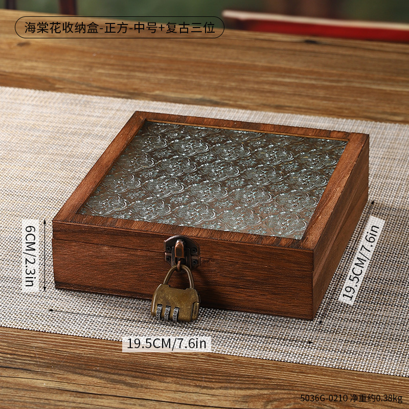 古典海棠玻璃木质储物盒珠宝首饰伴手礼包装盒防尘翻盖桌面收纳盒|undefined