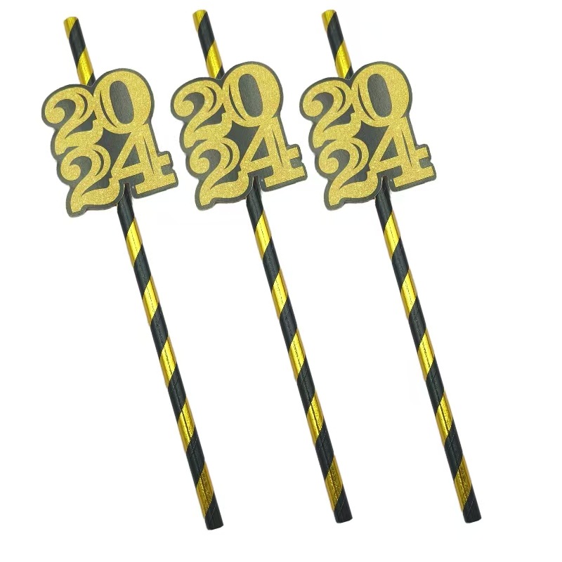 Pajita de papel de fiesta transfronteriza 2024 Pajita de tarjeta de oro negro Postre degradable desechable Pajita decorativa